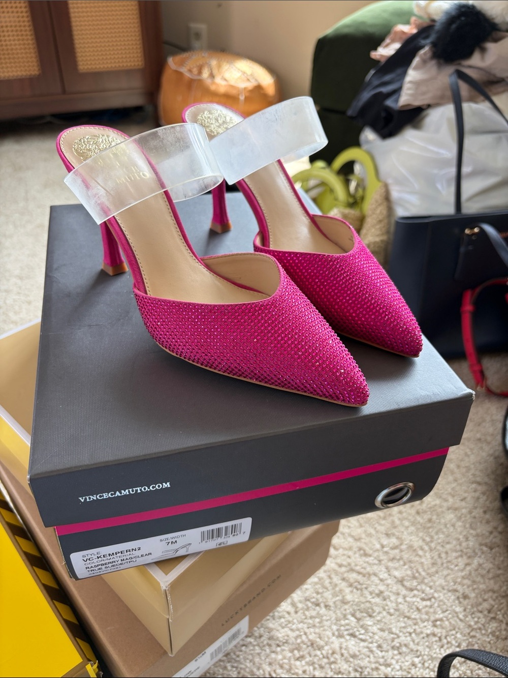Vince Camuto Fuchsia Crystal-Embellished Pointed Toe Mules with Clear Strap